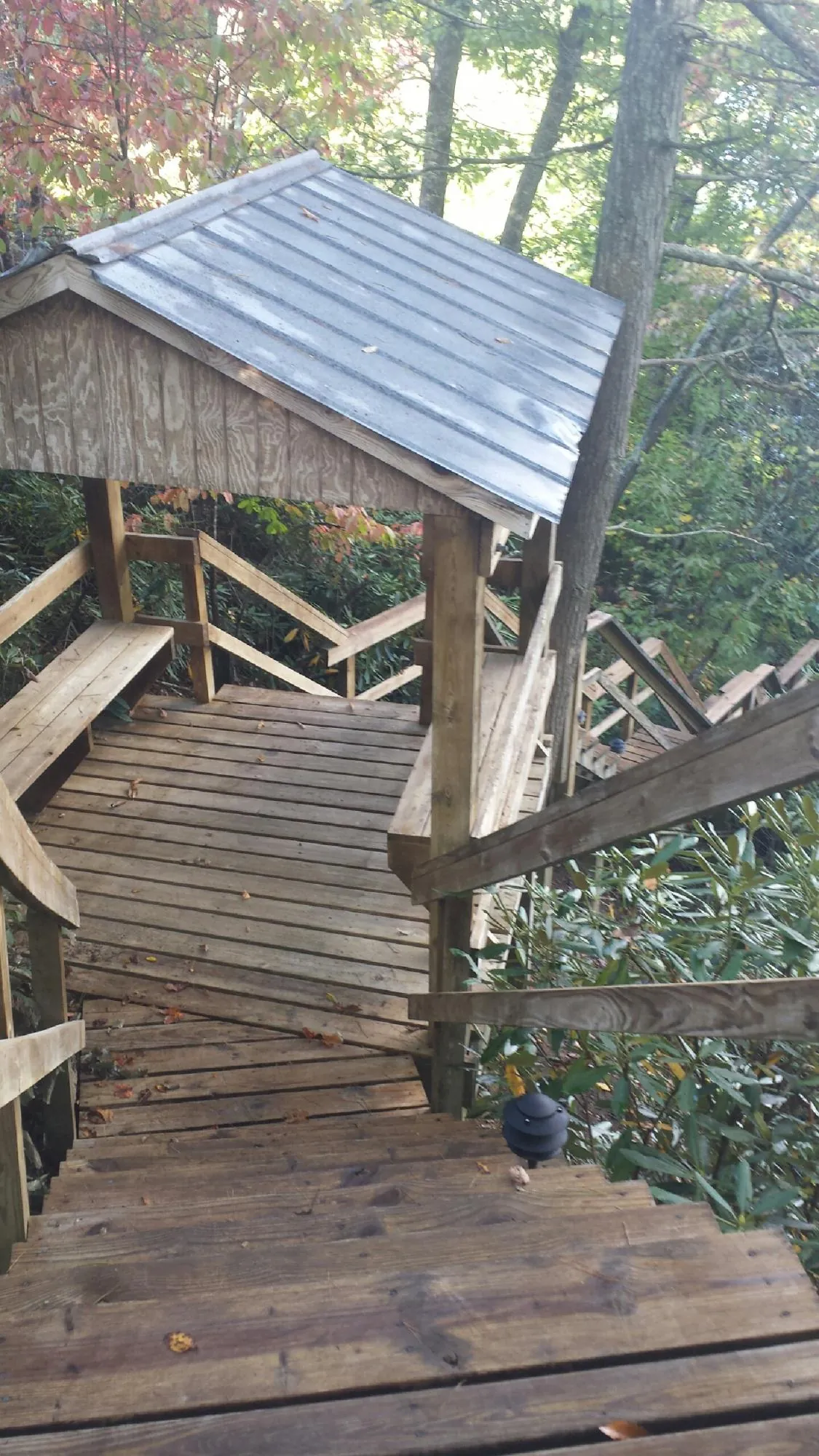 Metal roofed shelter over wooden steps on a wooded walkway — Skylight Repair & Installation work by our crew in Greenview